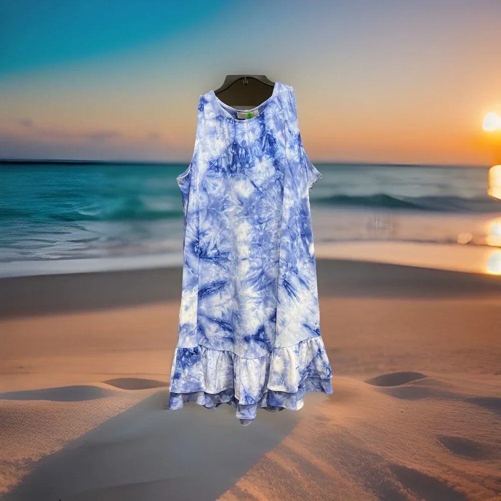 Michael Kors Tie Dye Summer Dress Women's XL Blue Ruffle Hem Sleeveless Y2K